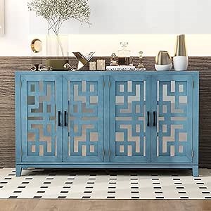 ZSQ Vintage Buffet Cabinet with Storage, Wooden Console Table with 4 Mirrored Doors, Retro Sideboard for Dining Room, Living Room, Hallway (Navy)