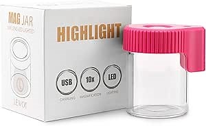 Magnifying Viewing Jar with LED Light, Airtight Transparent Glass Storage Jars, Rechargeable LED Lit Lid Container (Pink)