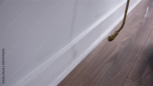Close up of pest control application be sprayed along office baseboards and flooring using sprayer hose