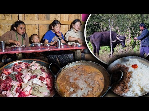 Buffalo cutting in the Rural village || Village Style Buff cutting, cooking & eating || Buff recipe