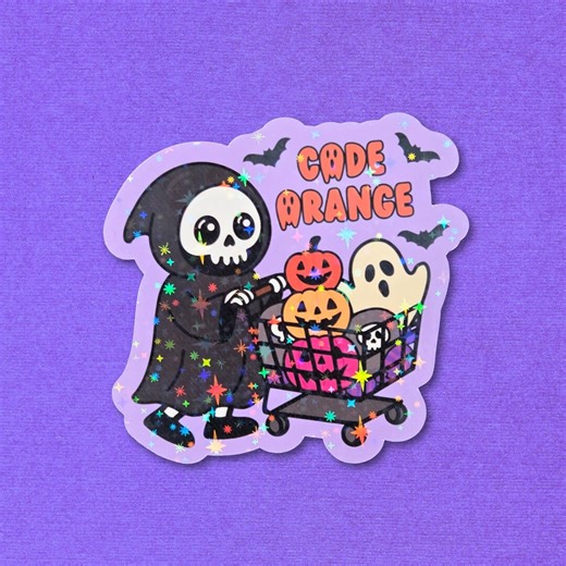 Code Orange Sticker, Grim Reaper Halloween Shopping Holographic Vinyl Sticker - Etsy