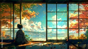 Japanese anime character sitting next to a large window, anime looping video background animation
