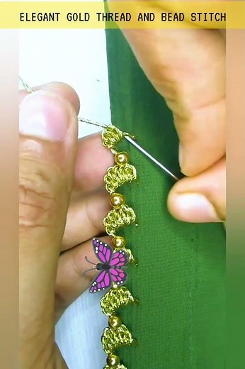 ELEGANT GOLD THREAD AND BEAD STITCH FOR FABRIC EDGING #embroideryhack #sewinghack
