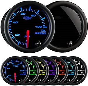 GlowShift Tinted 7 Color 100 PSI Oil Pressure Gauge Kit - Includes 1/8-27 NPT Electronic Sensor & Wiring - Multi-Color Display - Black Dial - Smoked Lens - for Car & Truck - 2-1/16" 52mm