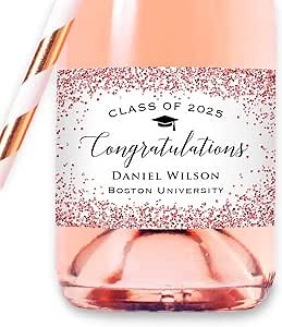 Congratulations - 8 Custom Pink Rose Gold Glitter (Not Real Foil) Waterproof Mini Champagne Bottle Labels for Graduation Party