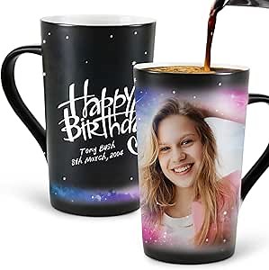 Customized Coffee Mug 16 oz, Color Changing Mugs, Photos Mug, Personalized Cup, Carving Happy Birthday, Your Text, Unique Gift for Birthday