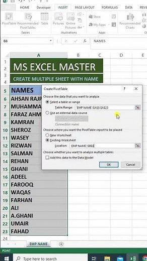How to create a Multiple Spreadsheets with Names in Excel