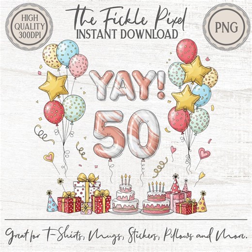 50th Birthday Clipart PNG YAY 50 Pastel Balloons Cake Party Digital Download - Etsy