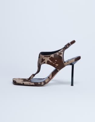 Topshop Sandy hair on real leather flip flop heeled sandals in brown cow print | ASOS