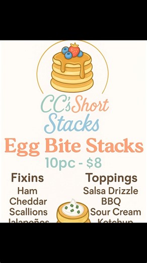 CC’s Short Stacks now offers Egg Bite Stacks! Perfectly fluffy, protein-packed, and just as fun-sized as our minis 🥞✨ 💥 Book us for your next event! 💥 | CC’s Short Stacks