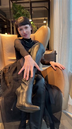 Coffee time wearing my leather overknee boots