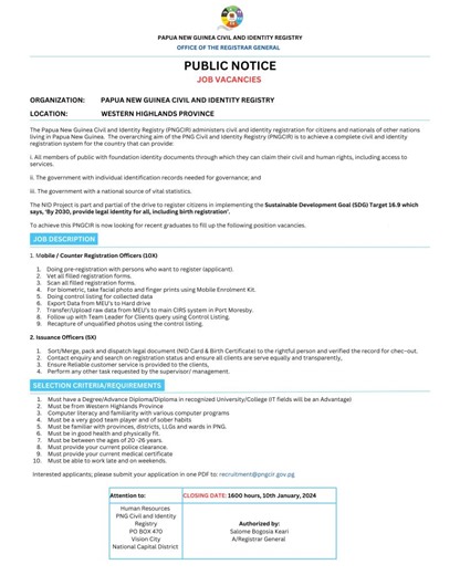 JOB VACANCIES! Exciting Volunteer opportunities with the Western Highlands Civil and Identity Registry Office! We're seeking Mobile Registration Officers and Issuance Officers. Recent graduates in… | PNG Civil &amp; Identity Registry | 14 comments