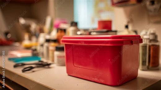 Close view of a red sharps container on a utility room counter with surrounding tools and supplies softly blurred to emphasize safe disposal.