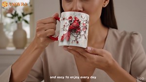 Cardinal Bird Ceramic Mug, Artistic Red Cardinal with Flowers and Cracked Background, Gift for Bird Lovers (Red, 11 Ounces)