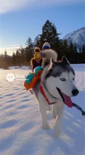 A dog wearing a backpack, pulling a sled across the snow while the children. #sora2 #funny #aivideo