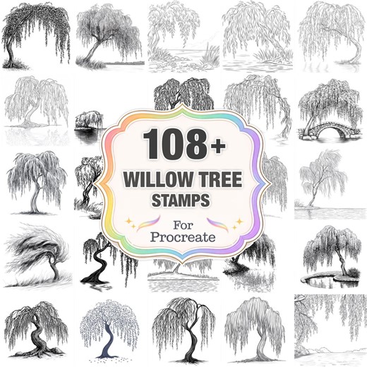 108  Willow Tree Design Stamps, Elegant Forest Tree Set, Instant Download - Etsy