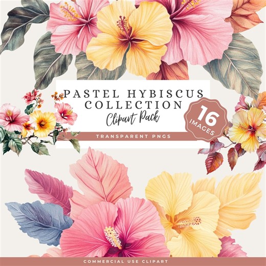 Hibiscus Clipart PNG, Pastel Tropical Flower Bouquet Bundle, Junk Journal Scrapbook Graphics, Soft Romantic Botanical Aesthetic - Etsy