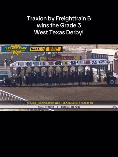 𝗧𝗿𝗮𝘅𝗶𝗼𝗻 𝗯𝘆 𝗙𝗿𝗲𝗶𝗴𝗵𝘁𝘁𝗿𝗮𝗶𝗻 𝗕 𝘄𝗶𝗻𝘀 𝘁𝗵𝗲 𝗚𝗿𝗮𝗱𝗲 𝟯 𝗪𝗲𝘀𝘁 𝗧𝗲𝘅𝗮𝘀 𝗗𝗲𝗿𝗯𝘆! Traxion surged late to capture the G3 West Texas Derby at Sunland Park, covering 400 yards in :19.010 and earning a 103 speed index. The sorrel gelding is by Freighttrain B and out of the Jet Black Patriot mare Telarosa. Bred by Bobby D. Cox and trained by Jorge Morales-Flores for owner Abraham Escobedo, Traxion now owns 4 wins from 6 starts with earnings of $332,641. Congratulations to 