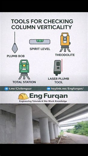 Civil Engineer Surveyor on Instagram: "📐 Tools for Checking Column Verticality | Site Engineering Guide Column verticality is a critical factor in structural safety and accuracy on site. Engineers use different tools depending on required precision, site conditions, and project stage. 🔧 Commonly Used Tools: Plumb Bob – Simple and traditional method for checking vertical alignment Spirit Level – Quick check for small columns and shuttering Theodolite – Accurate angular measurement for alignment