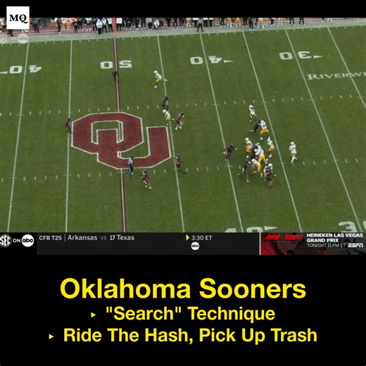 👉 "Search" Technique | Ride The Hash, Pick Up Trash! Oklahoma's boundary CB illustrating a clinic "search" technique for an interception vs. Mizzou. Don't cover grass or stare at the QB, find work! (Also, love a Y-Unblanced. OC just eliminated an eligible WR.) #collegefootball #SECFootball #OklahomaSooners #BoomerSooner #DBU #Mizzou #football #footballcoach #footballcoaching | MatchQuarters
