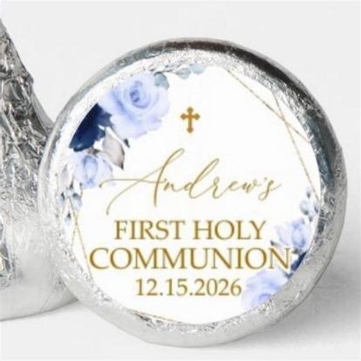 Blue Floral First Communion Stickers: Boy Holy Communion Favor Labels (digital Template) - Etsy