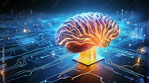 Brain animated 3D. A conceptual video of a brain with neural connections Surrounded by Data Streams or Artificial intelligence AI.