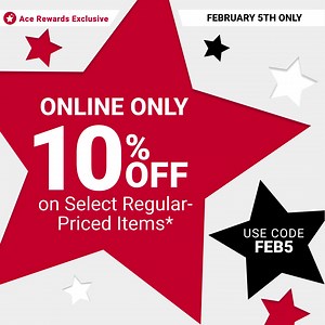 193 reactions · 34 shares | Today only! Ace Rewards members save 10% online on select regular-priced items. Use promo code: FEB5. Not a member? It’s free to sign up! | Ace Hardware | Facebook