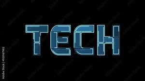 Tech text, neon blue lights, futuristic tech lettering, word on black background, continuous seamless loop from 1 to 7 second mark Stock Video