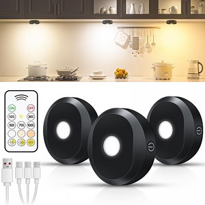 WILLED 3 Pack Rechargeable Puck Lights with Remote, 3 Colors Dimmable LED Under Cabinet Lighting, Wireless Battery Operated Tap Lights with Timer, Magnetic & Adhesive Mount for Kitchen, Closet, Shelf
