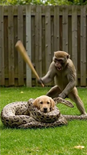 😱 Brave monkey saves his little puppy from giant snake 🐒❤️#AnimalRescue #BraveMonkey #shortsfeed