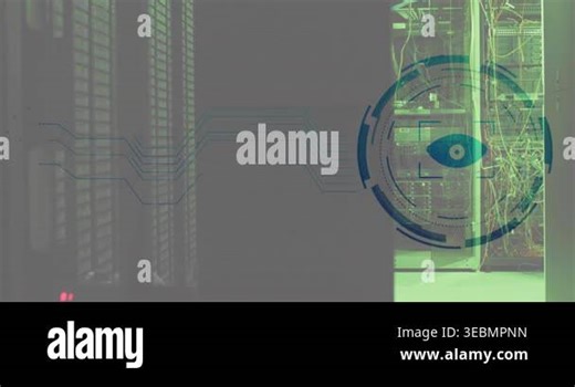 Animation of eye retina round scanner against computer server room. Cyber security and business data storage technology concept Stock Video Footage - Alamy