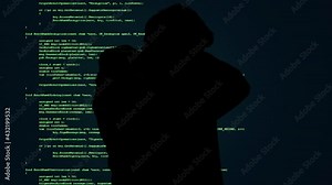 A man (as a black silhouette) walking in the frame (scrolling source code as background), stopping to hide his face under the hood before going on, but incognito.