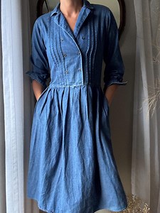 Vintage Denim Maxi Dress: Collared, Pleated, Cottagecore With Pockets - Etsy