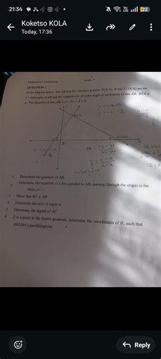 In the diagram below, line AB and BC intersect at point B(2; 6)... | Filo