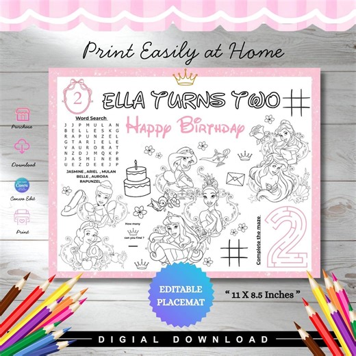 Editable Disney Princess Activity Sheet | Printable Party Placemat & Coloring Pages | Instant Download Party Favor for Girls Birthday Canva - Etsy Australia