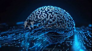 A video of a brain with a circuit board texture on the bottom. The brain is blue and the background is black.