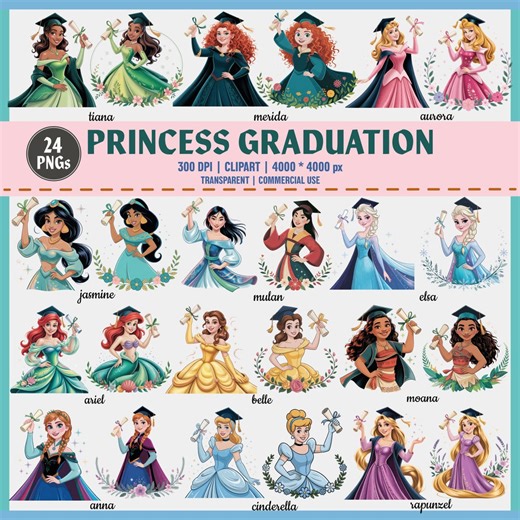 Princess Graduation PNG Clipart Bundle Cartoon Characters - Etsy