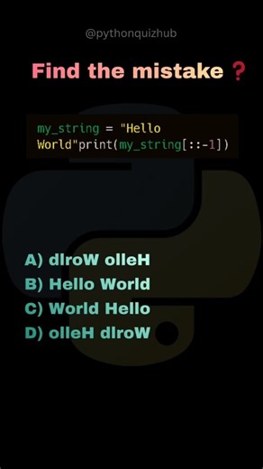 Daily Python Quiz | Coding Challenges on Instagram: "There is ONE mistake in this Python code ⚠️ Can you find it? 💬 Type the mistake in comments FOLLOW @pythonquizhub if you love Python challenges 🚀 #pythoncode #findthemistake #pythonlearning #codingreels #pythonchallenge [find mistake in python code, python error quiz, python debugging, python code challenge, python logic error, python interview prep, daily python practice, python programming reel, coding mistakes, python concepts, python qui