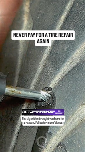 🔥This simple roadside emergency skill saves you from being stranded with a flat. He removes the puncture object and uses a reamer tool to clean the hole's path. After applying rubber cement, he threads a repair strip into the insertion tool and forces it deep into the tire. Pulling the handle back leaves the seal in place, which is then trimmed flush to create a permanent airtight patch. Save this to fix your next flat tire in minutes. #mechanic #autorepair #tirerepair #flattire #carhacks #diy 