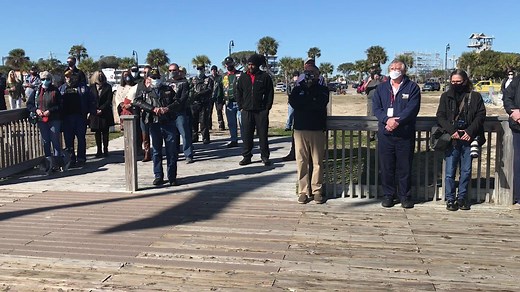 The City of Myrtle Beach held a ceremony to raise flags for the six branches of military service on the boardwalk, between Eighth and Ninth Avenues North. The six military service flags – Army, Navy, Air Force, Marines, Coast Guard and Space Force – now fly on the outer six poles (three per side). The U.S. flag will continue to fly on the two tall center poles. The idea to fly the six military service flags originated with Horry County resident Fred Portway to honor our military men and women an