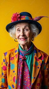 Happy and funny cool old lady with fashionable clothes portrait on colored background - grandmother with extravagant style, concepts about lifestyle, seniority and elderly people..
