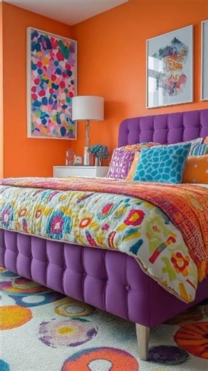 A lively bedroom with orange walls and a multicolored bed, showcasing a playful #shorts