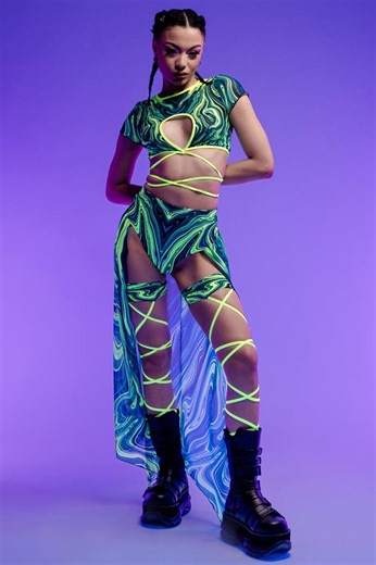 Neon Rave Outfit, UV Reactive Crop Top, Neon Wrap Crop Top, Rave Mesh Top, Festival Crop Top Set, 2 Piece Set, Rave Clothing, Festival Wear - Etsy