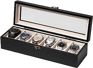 Watch Box, Watch Case for Men Women with Large Glass Lid, Wooden Watch Display Storage Box with 6 - Slots, Charcoal Black Mens Watch Box Organizer