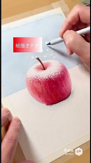 赤が映える＊雪のリンゴ｜水彩色鉛筆でふんわり描く15秒の冬アート