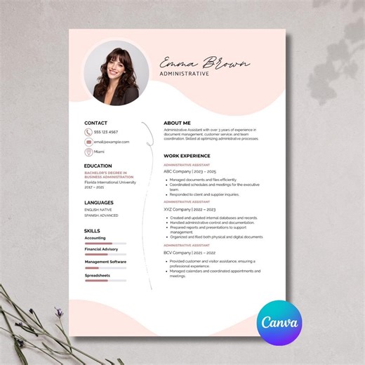 Administrative Resume Template – Creative CV for Women, Resume   Cover Letter, Editable Canva, Resume Template - Etsy