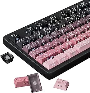 FunHub Shine Through PBT Keycaps - Pink Side Printed DoubleShot Keycaps Set 133 Keys 60 65 75 100 Percent Cherry Profile,Gradient Topographic RGB Backlit Key Caps for MX Full Size Mechanial Keyboards