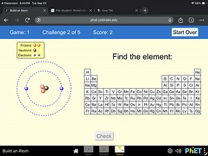 The image shows a game interface titled "Build an Atom" from ph... | Filo
