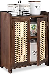 Ikee Design Wooden Countertop Storage Cabinet with Magnetic Rattan Doors, Kitchen Pantry Cabinet with Removable Shelves, Coffee, Snack, Cup Organizer, Dark Brown Color, 12.1W x 6.1D x 15.7H in
