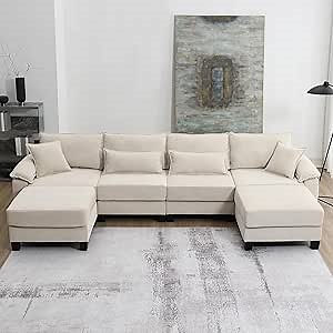 Harper & Bright Designs 133” Modular Sectional Sofa, 6-seat Corduroy Modern U-Shaped Reversible Sofa Couch Sets with Lots of Pillows and Armrest Bags for Living Room, Apartment, Office (Beige)